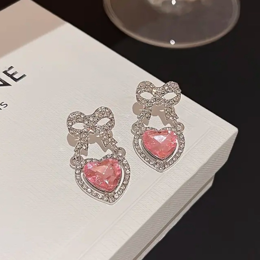 Pink Heart Bow Drop Earrings Silver Tone Crystal Accents NWT